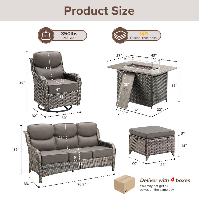 7 - Person Luxury Wicker Patio Furniture Set With Fire Pit Table & 6-Inch Extra-Thick Cushion Swivel Chairs, Gray, Gray