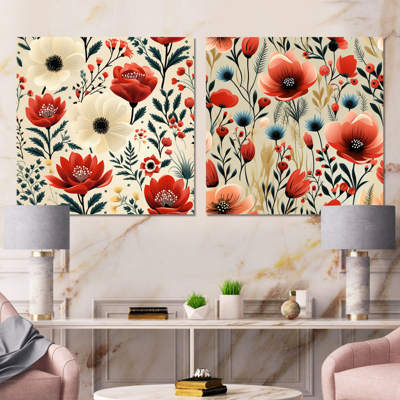 Ensemble de 2 motifs carrés rouges et beiges à motif floral rétro, H 16 po x l 32 po