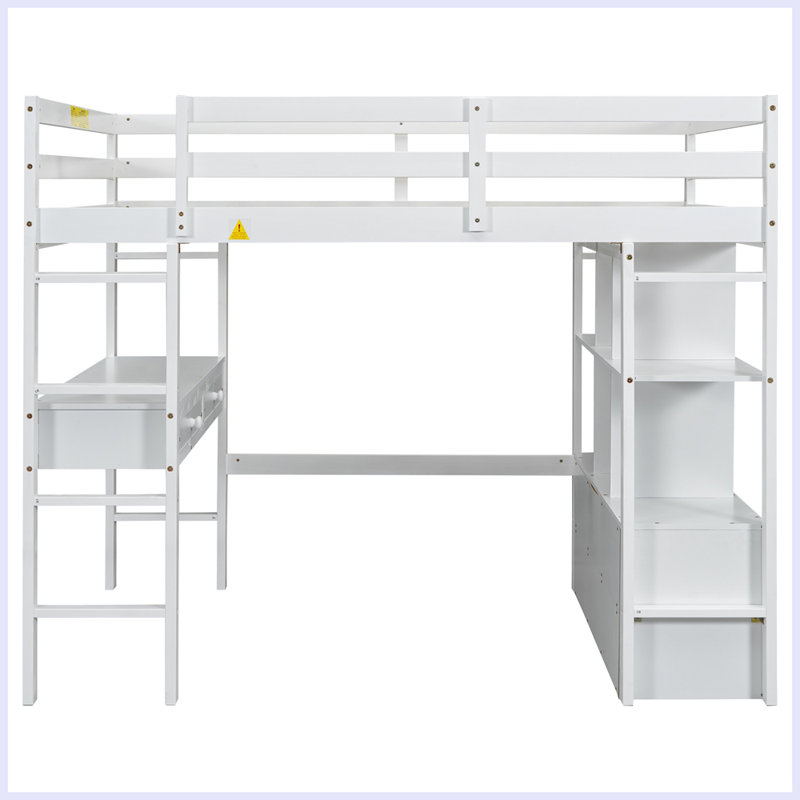 Modern Loft Bed with Built-in Desk with Two Drawers, and Storage Shelves and Drawers