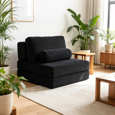 38" Black Corduroy Convertible Floor Chair, Foldable Single Sofa Bed With Lumbar Pillow, Multi-Functional Modular Sleeper For Small Apartments, Kids Room, Living Room