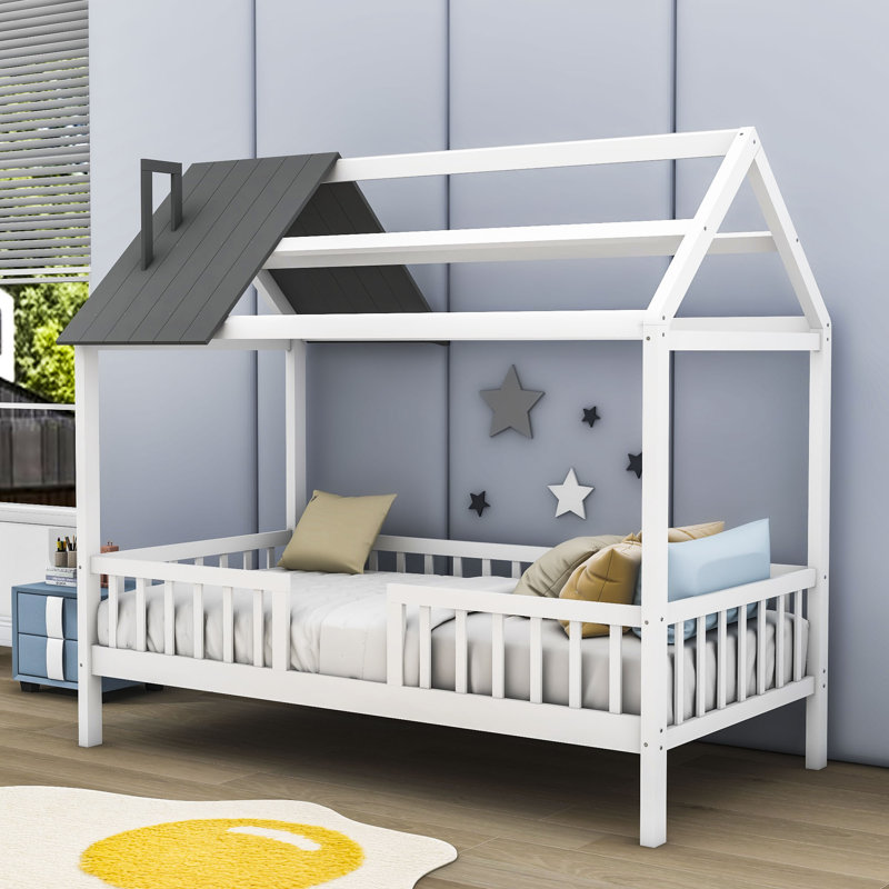 Hadrien Twin Wood House Bed with Fence, White/Gray