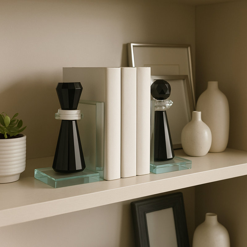 Modern Crystal Glass Bookends - Chess Piece Inspired Decorative Book Ends for Stylish Shelf and Home Decor - Set of 2, 7", Black and Clear