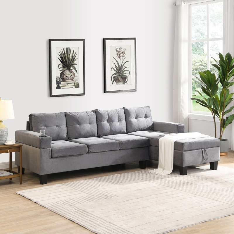 Ensemble de canapé modulaire pour salon avec méridienne en L, porte-gobelet et méridienne avec rangement moderne 4 places (gris)
