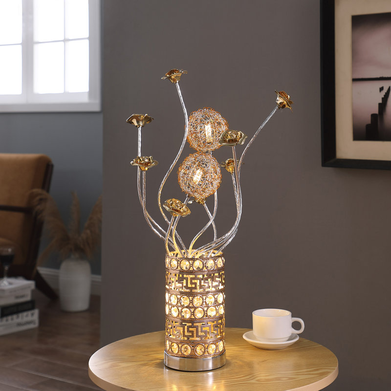 Lampe de table, vase floral à boutons de roses, cage chromée dorée texturée 22 pouces