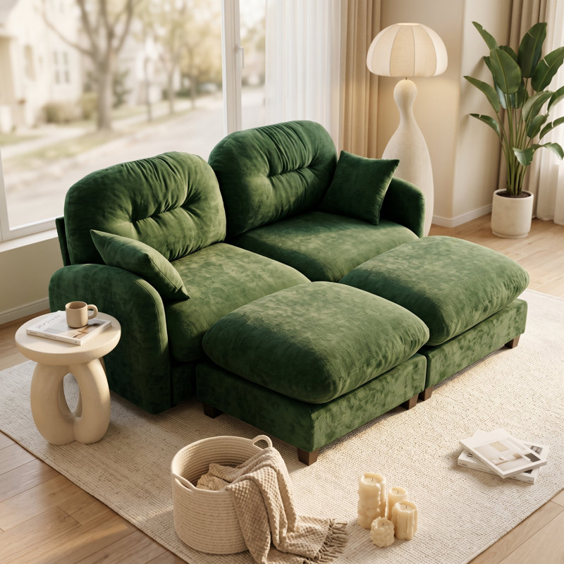 Canapé modulaire minimaliste en chenille plissée avec 2 poufs, canapé 2 places en forme de U, vert, 2 sièges + 2 repose-pieds