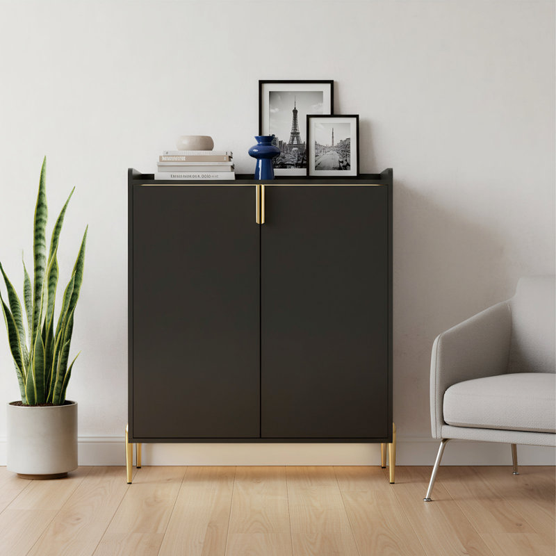 Modern Bar Cabinet With Wine Rack,Kitchen Buffet Sideboard With 2 Doors And Adjustable Shelf, Black