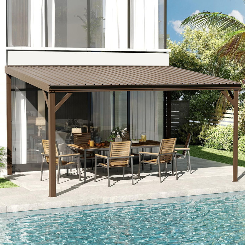 10X14ft Lean To Gazebo, Outdoor Hardtop Wall Mounted Gazebo With Sloping Galvanized Steel Roof, Upgraded Heavy Duty Mounted Shelter With Drainage System For Deck, Porch, Backyard