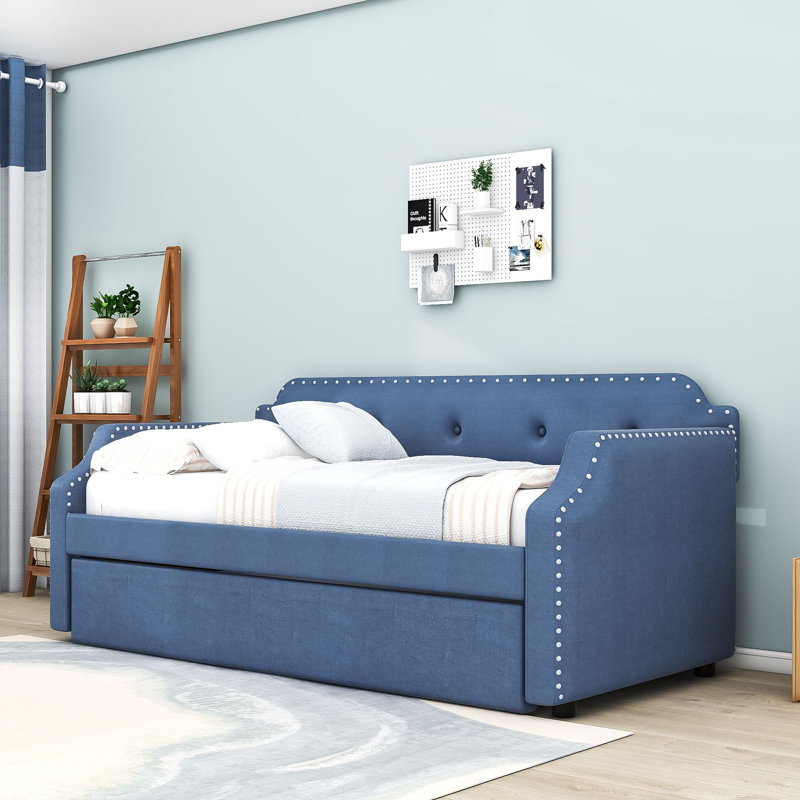 Twin Linen Upholstered Daybed with Twin Trundle, Blue