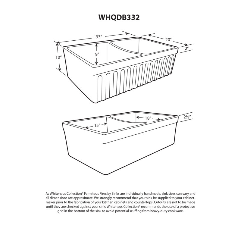 Whitehaus 33” Reversible Double Bowl Fireclay Kitchen Sink: 2-1/2" Lip and Fluted, 2" Lip Front Apron, Glossy Biscuit