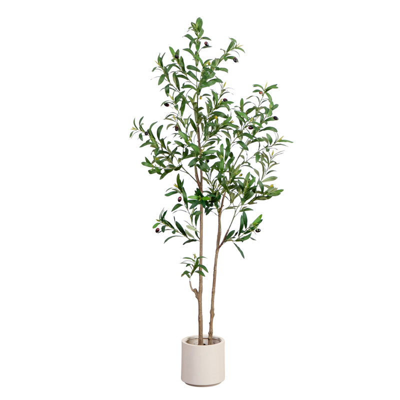 Olive artificielle minimaliste avec pot de fleurs décoratif blanc, H 60 po x l 20 po x P 20 po