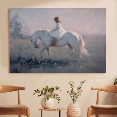 1Pc Framed Canvas Poster Print A maiden riding a white horse, pastoral scenery, impressionist oil painting style Wall Art Decor, Perfect for Room Decor Living Room Bedroom Office Kitchen Bathroom Home Decor, Ideal Home Wall Decoration Gift