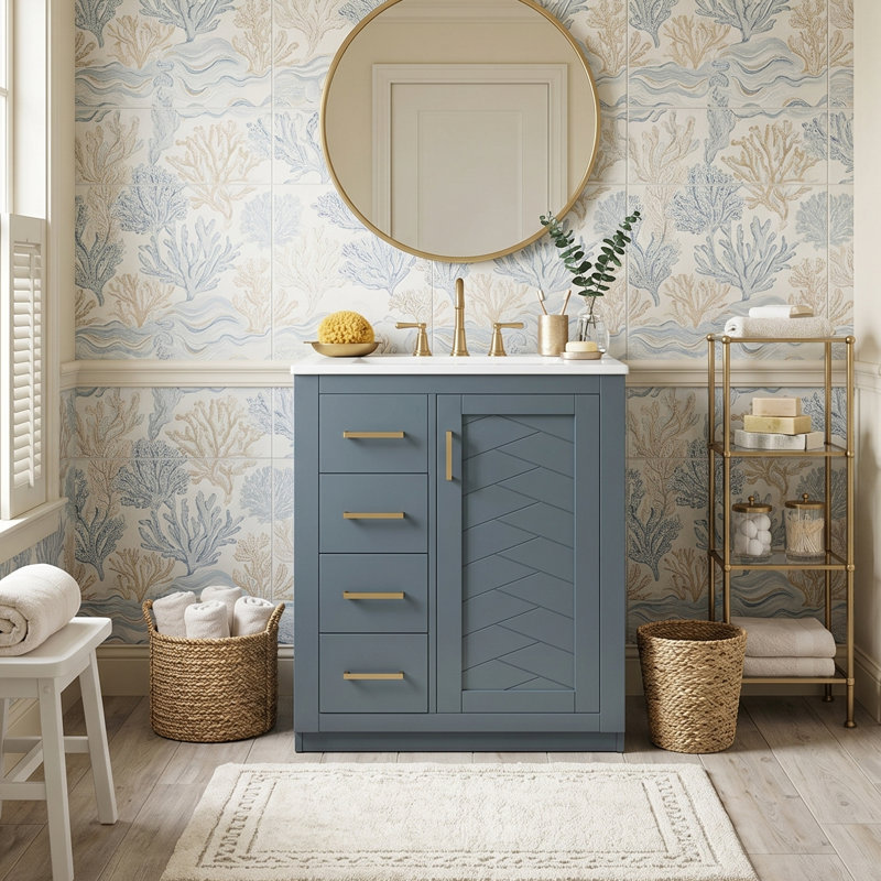 Meuble-lavabo moderne 24 po avec lavabo en céramique intégré, armoire de rangement en bois massif avec 3 tiroirs et 1 porte (noir / bleu)