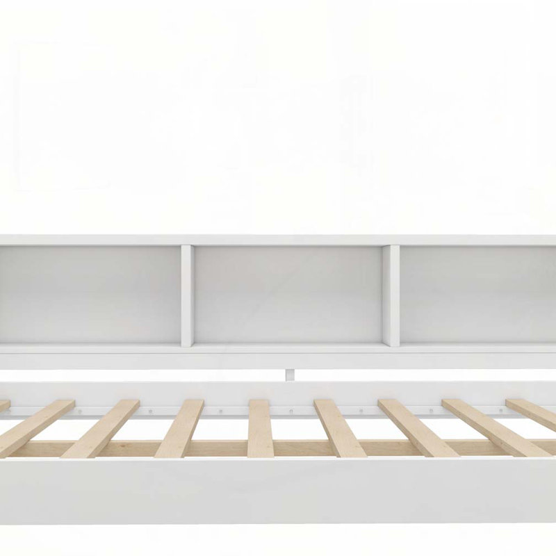 Lit de jour en bois avec couchette, tiroirs de rangement et tablettes latérales, Complet/Double, Blanc