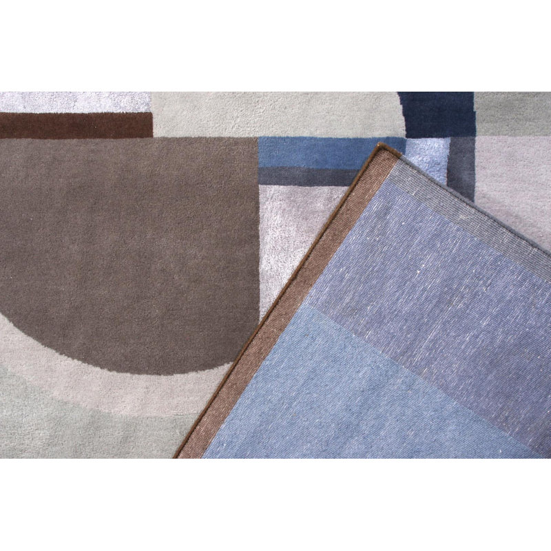 Rug & Kilim’S French Square Art Deco Rug In Blue And Gray Patterns, Rectangle 10' x 14'