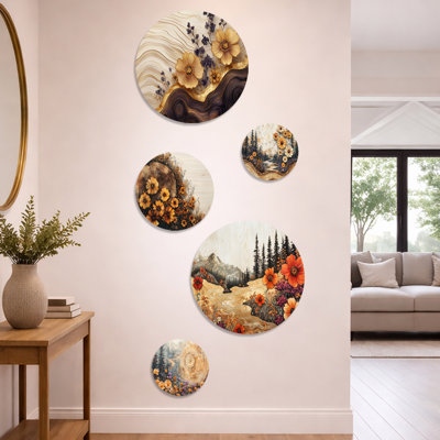 Fleurs sauvages sur une rivière en bois - Ensemble de 5 décorations murales en métal Wildflowers