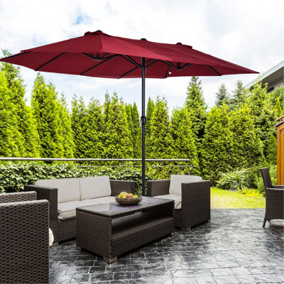 Très grand parasol pour patio de 15 pi - double, à manivelle, matériau de blocage, terrasse, piscine, arrière-cour, poignée rouge vin, -blocage, marché,