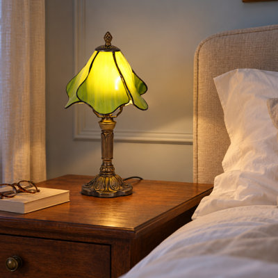 14.2" Green Petal Glass Table Lamp with Bronze-Tone Resin Base