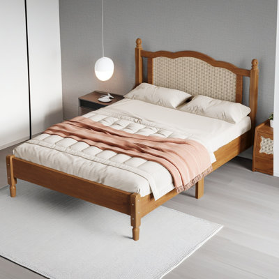 Wooden Platform Bed With Natural Rattan Headboard