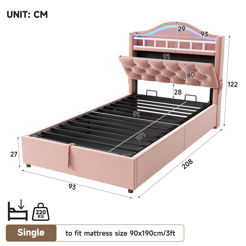 3ft Ottoman Bed With Led And  Storage Headboard Velvet, Pink