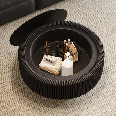 Table basse cannelée ronde avec plateau de rangement en verre trempé et plateau en cuir de qualité supérieure avec rangement caché pour le salon