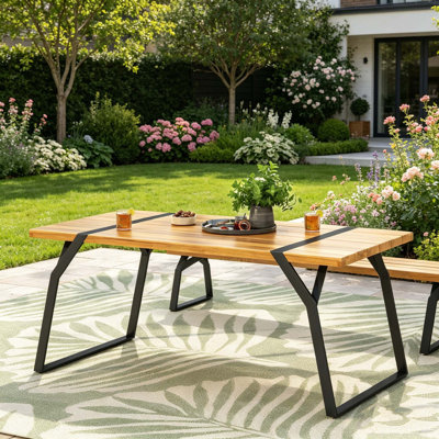 70.75" Rectangular Industrial Dining Table, Rustic Wood Top with Black Angular Metal Legs, Seats 6