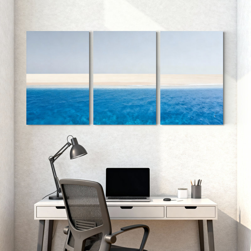 Ensemble de 3 tableaux muraux sur toile représentant un horizon océanique, H 36 po x l 72 po