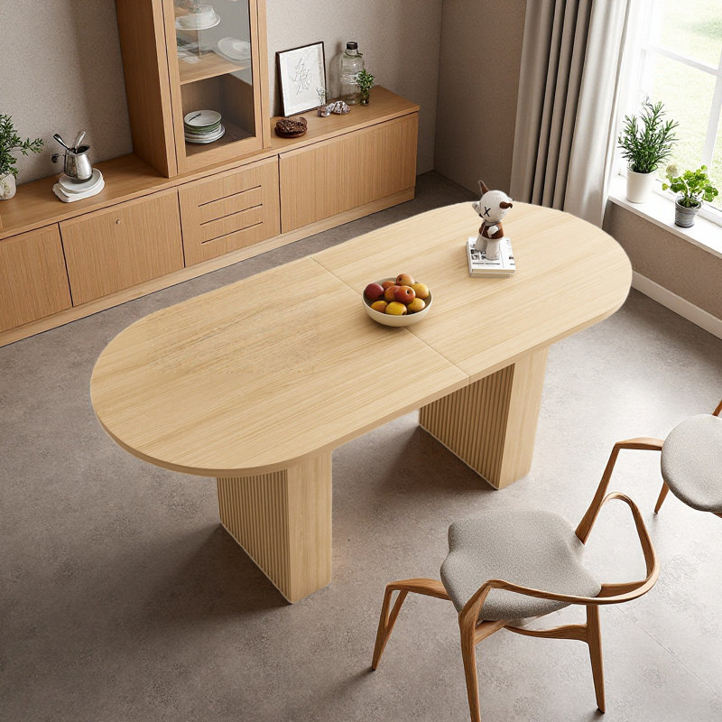 63'' Farmhouse Dining Table With Wood Strip Base,  Oval Kitchen Table For 6 People, Natural Finish, Natural