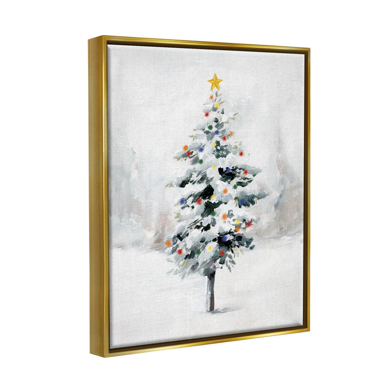 «Snowy Christmas Tree Landscape» par Caverly Smith, peinture sur toile à cadre flottant, H 31 po x l 25 po x P 1,7 po