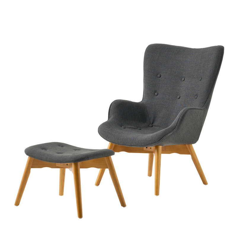 Fauteuil d'une largeur de 68,58 cm et repose-pieds en polyester capitonné Dayon, Mélange de polyester gris foncé