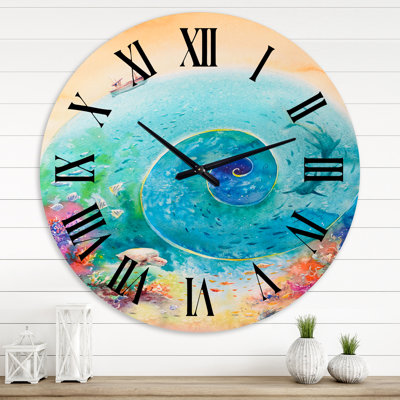 Horloge murale turquoise et spirale océanique avec poissons de récif corallien
