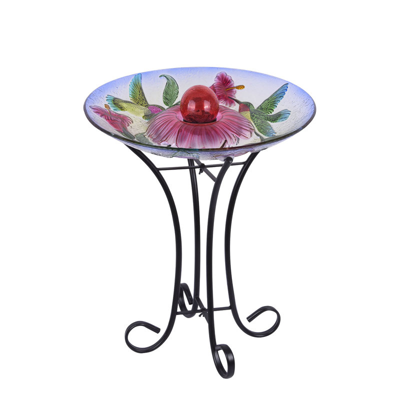 Solar Floral Glass Hummingbird Bird Bath with Stand
