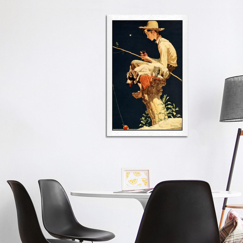 Boy Fishing by Norman Rockwell - Painting on Canvas, 66.04 cm H x 45.72 cm W, White Framed