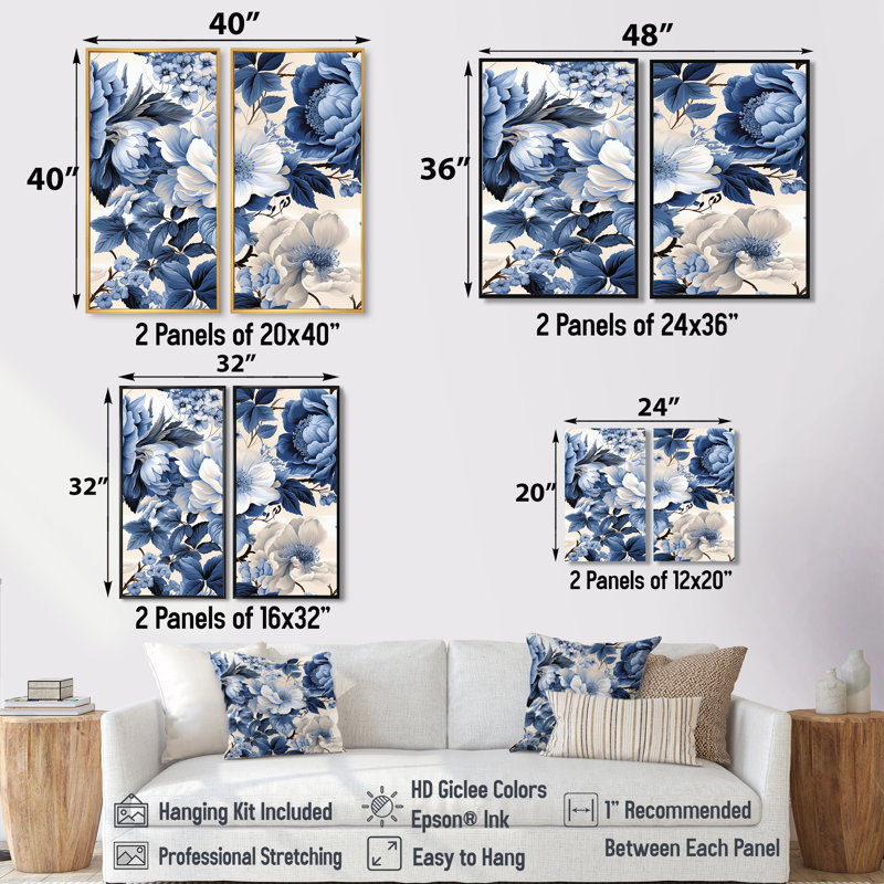 «Blue and White Flower Radiance» - Grandes impressions florales sur toile, 2 pièces, 32" H x 32" W, Noir