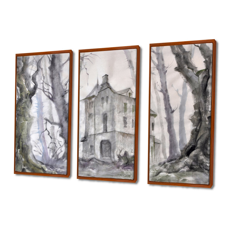 Château hanté dans les bois - Ensemble d'art mural sur toile traditionnel encadré de 3, H 32 po x l 48 po, Brun