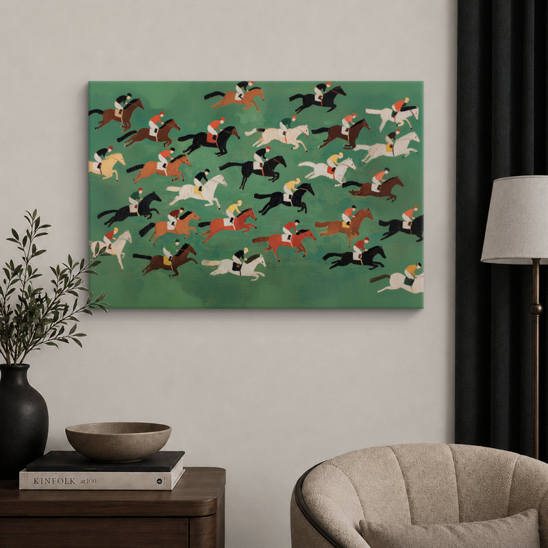 «Galloper Racehores in Motion Across Green Field Art», reproduction d'art sur toile encadrée, Toile tendue
