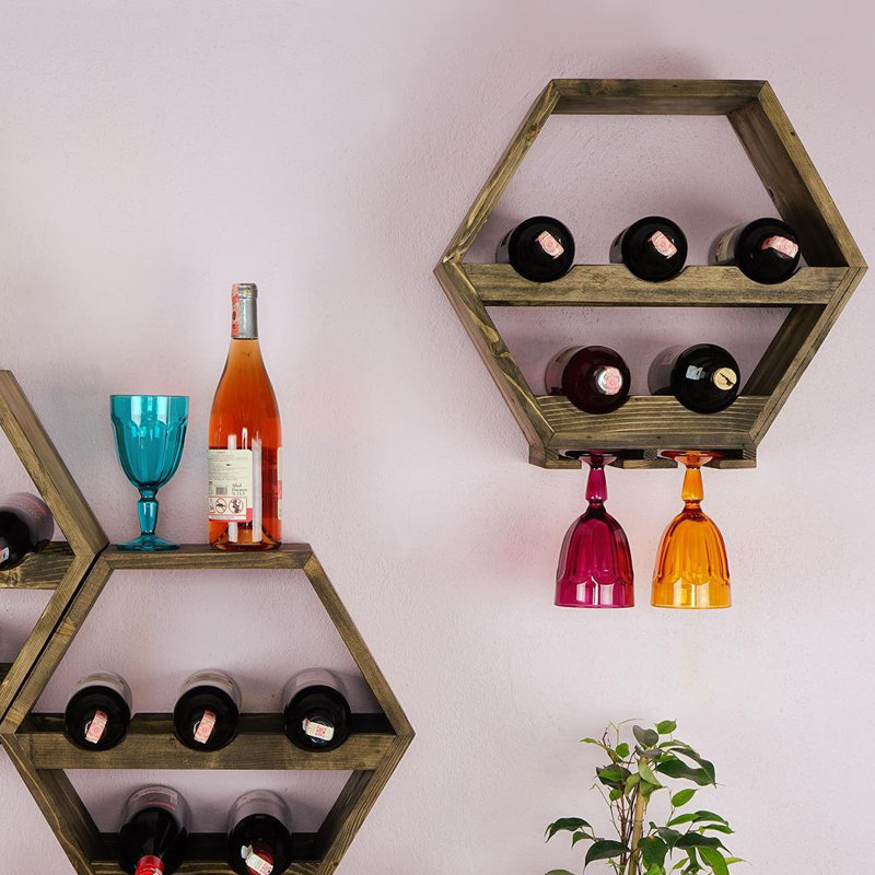 Belles 5 Bottle Solid Wood Wine Bottle & Glass Rack in Dark Oak