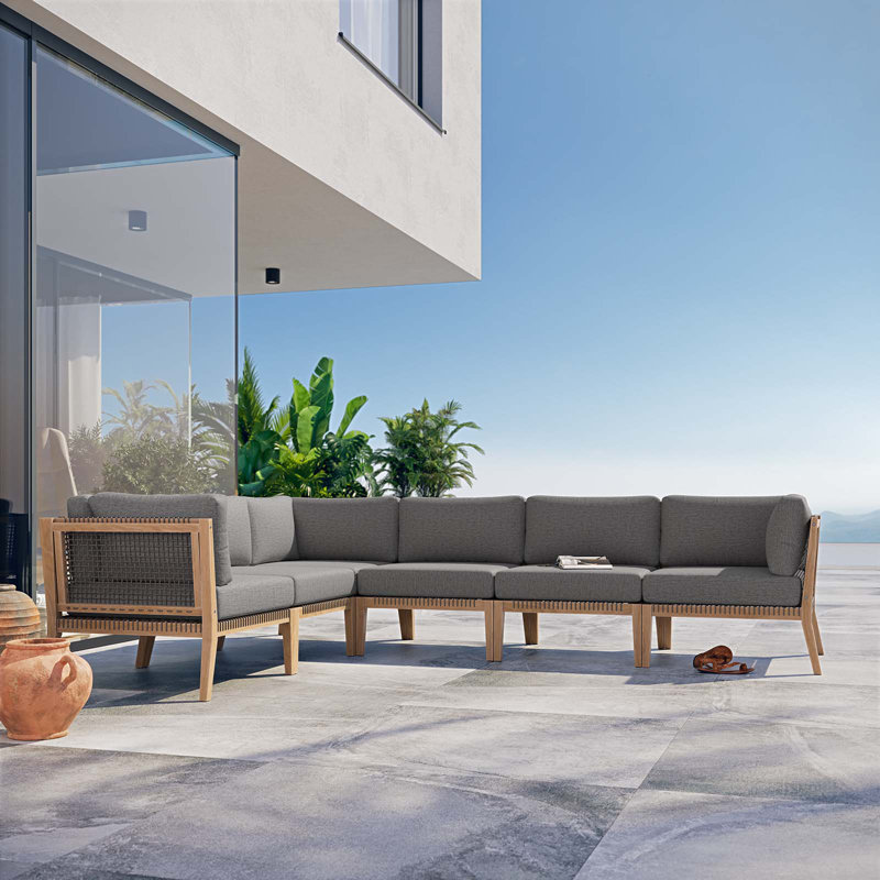 Modway Clearwater Outdoor Patio Teak Wood 6-Piece Sectional Sofa, Graphite