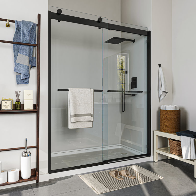 60 in. W x 76 in. H Framed Exposed Roller Sliding Shower Door in Matte Black with 5/16 in. (8mm) Tempered Clear Glass