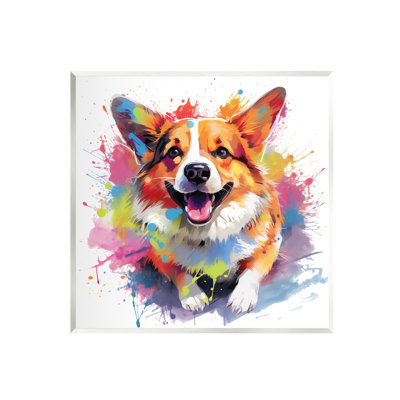 Ba-355-Wood " Happy Corgi Modern Splatter " by Marybeth Cunningham