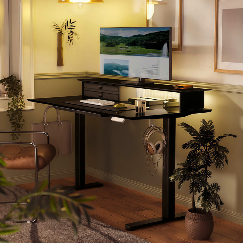 Bureau debout en verre trempé l 48 po avec ports USB et DEL, Noir