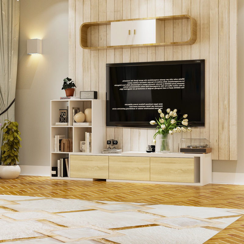 100.8'' W Stretchable L-Shaped TV Stand Console Table With Flip Down Cabinet Doors And Multiple Open Shelves(75.2'' W To 100.8'' W)