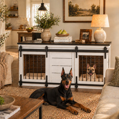 Cage pour 2 chiens en pin massif blanc de 160 cm (63 pouces), robuste, avec portes coulissantes de style grange et séparateur amovible verrouillable.