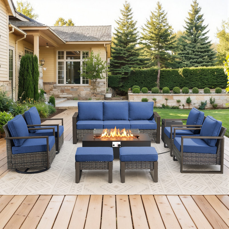 Drazen 9 - Person Patio Furniture Set With Fire Pit Table, All-Weather Wicker Outdoor Conversation Set With Chair And Thick Cushions