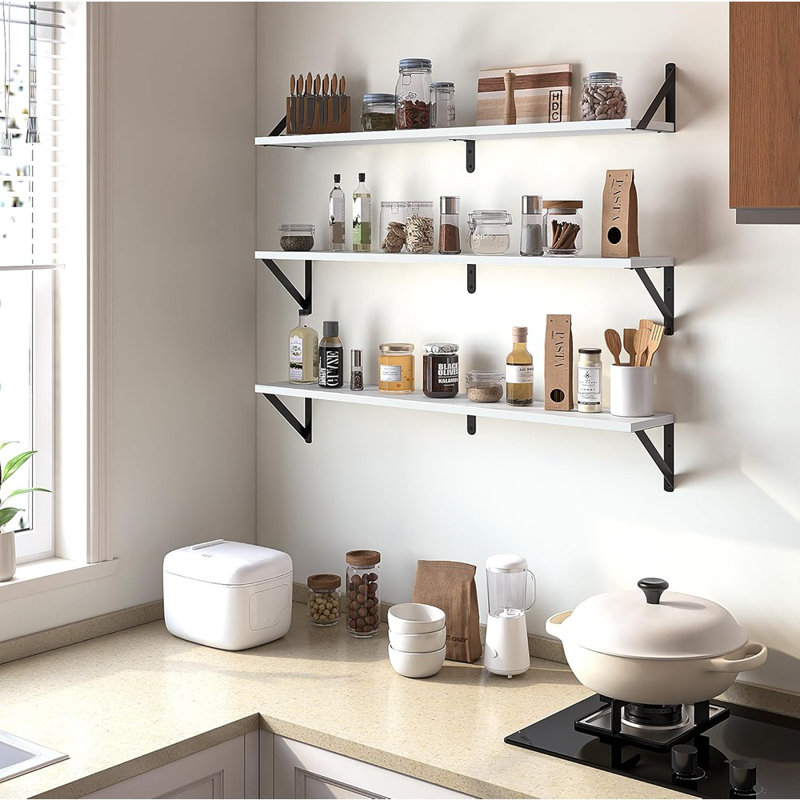 Floating Shelves For Wall, Set Of 3 – White Wood Wall-Mounted Hanging Bookshelves For Bathroom, Bedroom & Kitchen