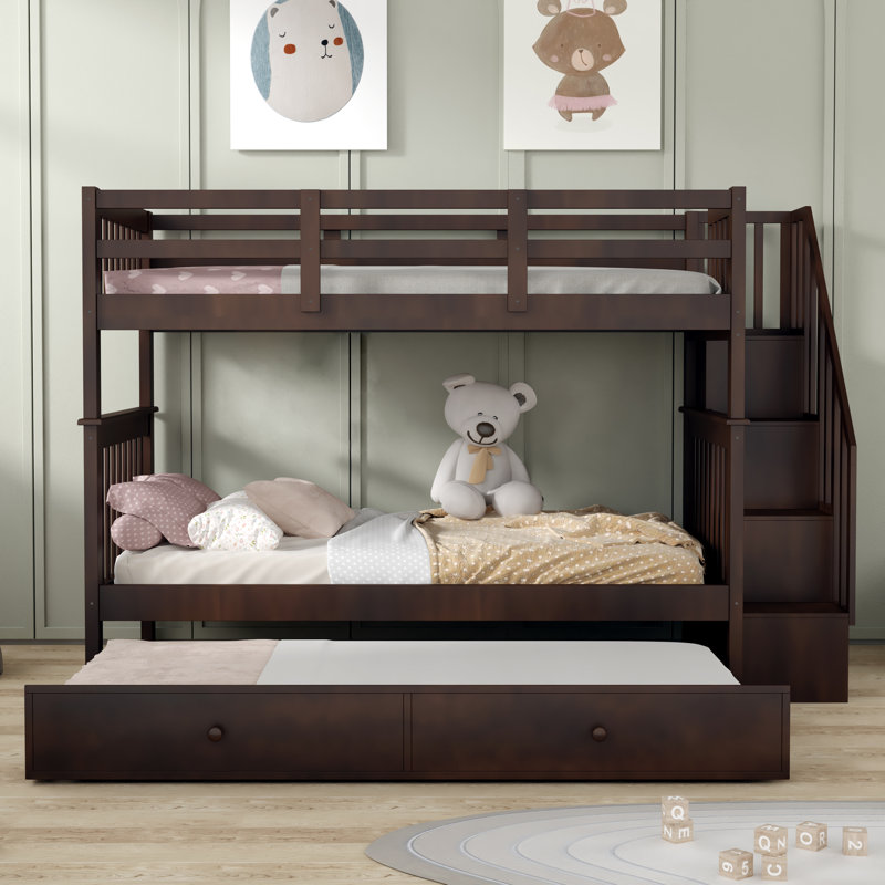 Kids Twin Over Twin Bunk Bed with Trundle with Drawers, Espresso