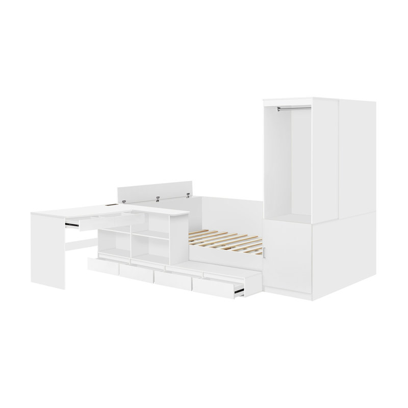 Lit plateforme double en bois avec 6 tiroirs, tablettes, bureau et garde-robe, blanc, Blanc