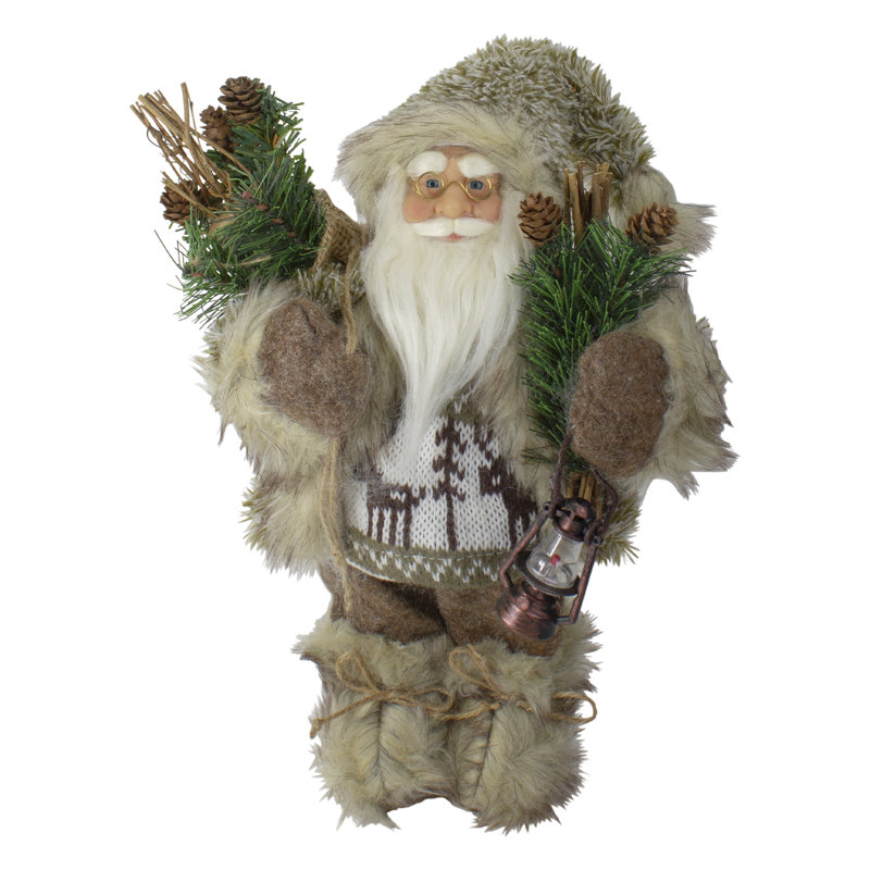12" Standing Mountain Santa Christmas Figure Dressed In Plush Brown Coat And Fur Boots