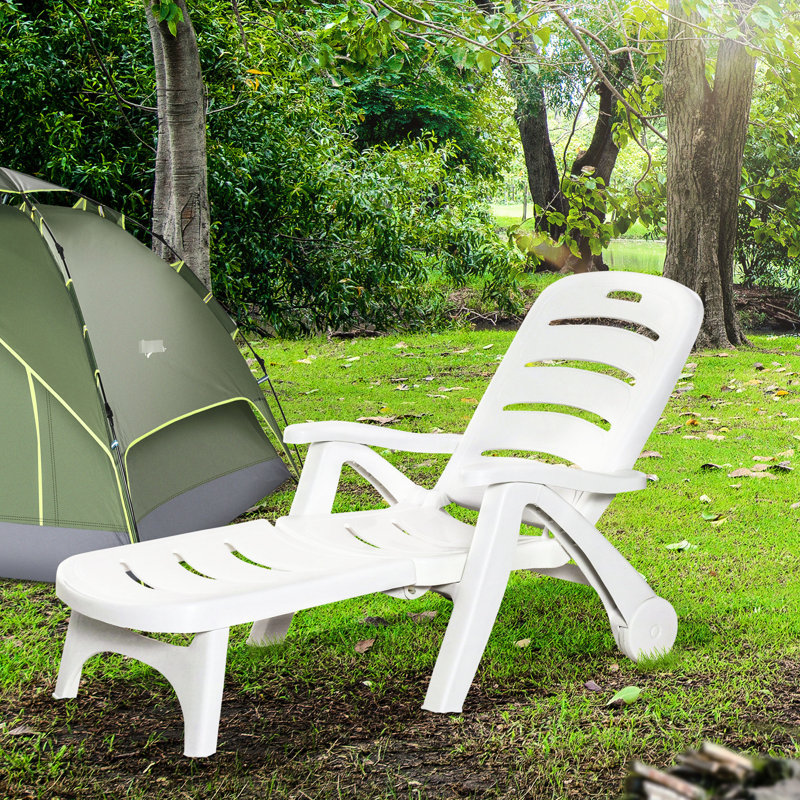 Solid Construction Beach Chair - Folding Tanning For Patio, Garden Rustic Style 5 Level Adjustable With Wheels White Ergonomic Seat Lounge Pool, Beach,