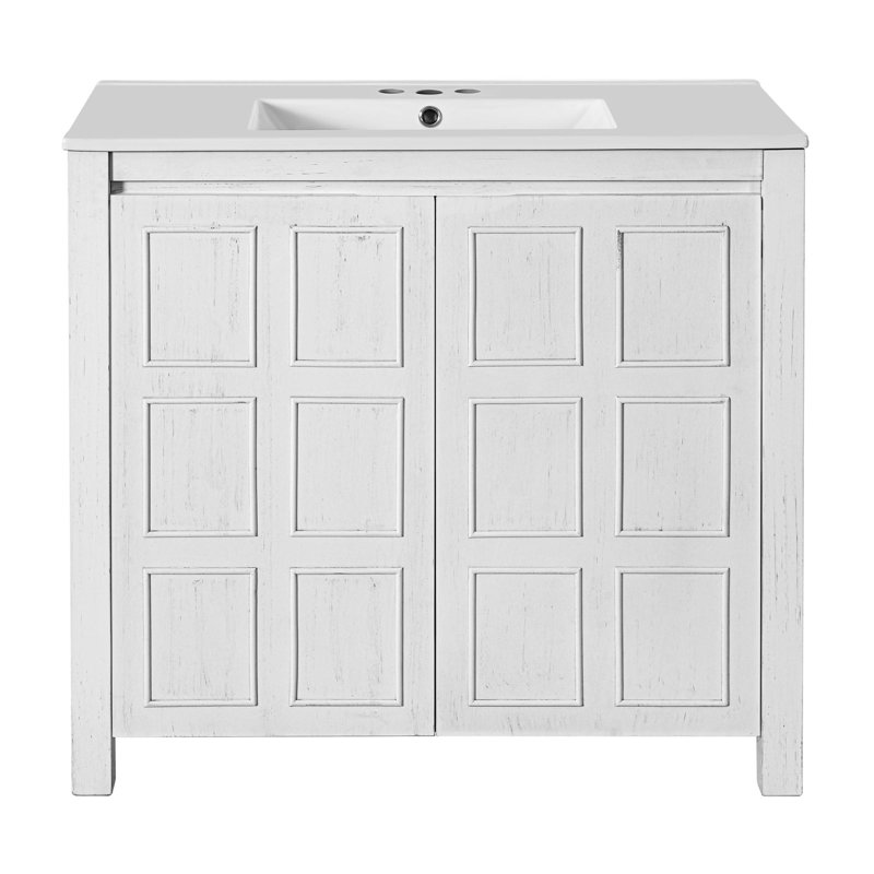 Organisateur de meuble-lavabo 36 po avec lavabo en céramique, ensemble de rangement pour salle de bain, Blanc antique