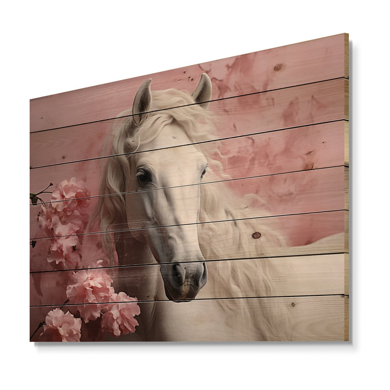 Cheval rose blanc doux, impression sans cadre sur bois, H 10 po x l 20 po x P 0,78 po
